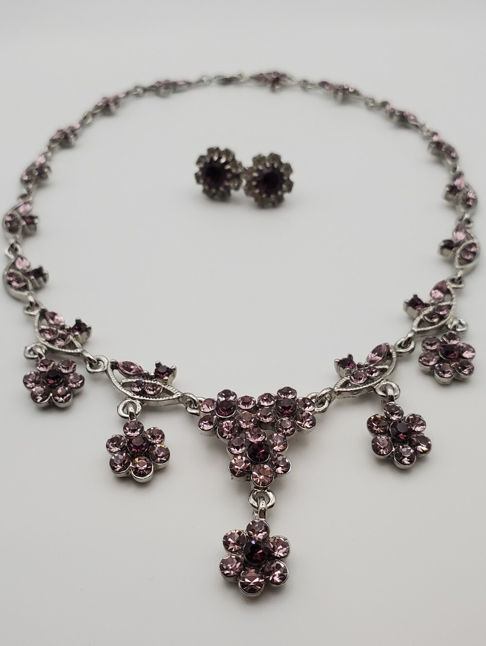 Ornate Purple & Pink Crystal Flower Necklace w/ Complimentary Stud Earrings